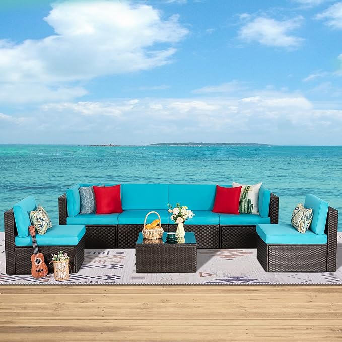 Shintenchi 7 Pieces Patio Furniture Sets Outdoor All-Weather Sectional Patio Sofa Set PE Rattan Manual Weaving Wicker Patio Conversation Set with Glass Table&Ottoman Cushion and Red Pillows, Blue