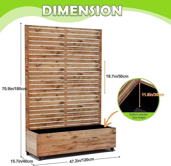 15.7"×70.9"×47.2" Metal Raised Garden Bed with Trellis and Wheels - Tall Trellis Planter Box for Climbing Plants, Vegetables & Vines - Outdoor Privacy Planters for Patio (Natural Wood Grain)