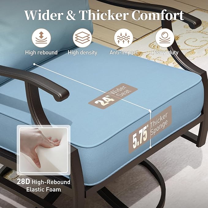 5 Piece Metal Outdoor Patio Furniture Set with Fire Pit Table, Patio Conversation Sets 4 Swivel Chairs with 5.75" Thick Cushion and 5000 BTU Fire Pit Table, Backyard Furniture, Blue