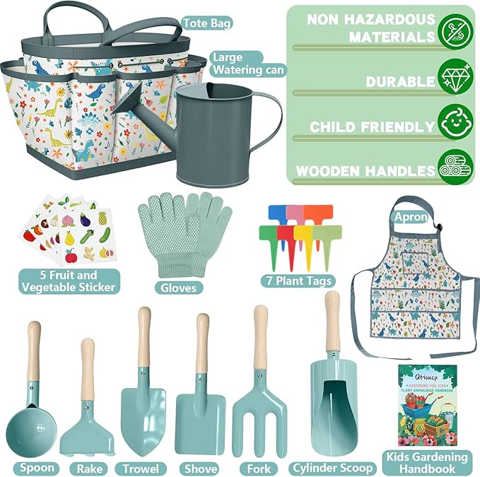 Kids Gardening Set 14Pcs Gardening Tools for Kids with Tote Bag,Watering Can, Shovel, Apron, Garden Book and More Educational STEM Learning Outdoor for Toddlers Boys Girls (Dinosaur Blue)