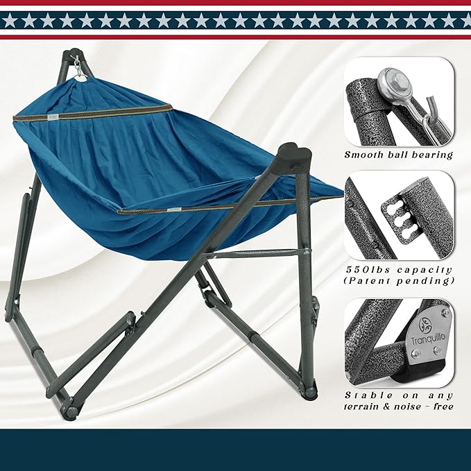 Tranquillo Uniki Hammock Stand 550 lbs Capacity, Portable, Collapsible Outdoor Hammock with Stand, Signature Steel Stand Breathable Canvas Hammock Net, Blue