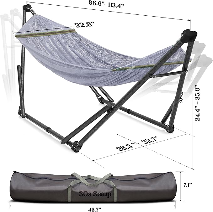 Tranquillo Uniki Hammock, Instant 30s Foldable Hammock Stand, 550 lbs Capacity Portable Hammock, 3-Year Warranty Sturdy Stand, Revolutionary Design No Screws Needed, Premium Carry Bag Included, Grey