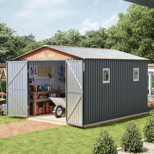 10x12x7.4FT Multi-Used Shed & Outdoor Storage Shed with Base, Lockable Doors, Windows and Vents, Extra Large Metal Shed for Garden,Backyard, Patio,Utility, Various Storage Shed(Matte Gray)