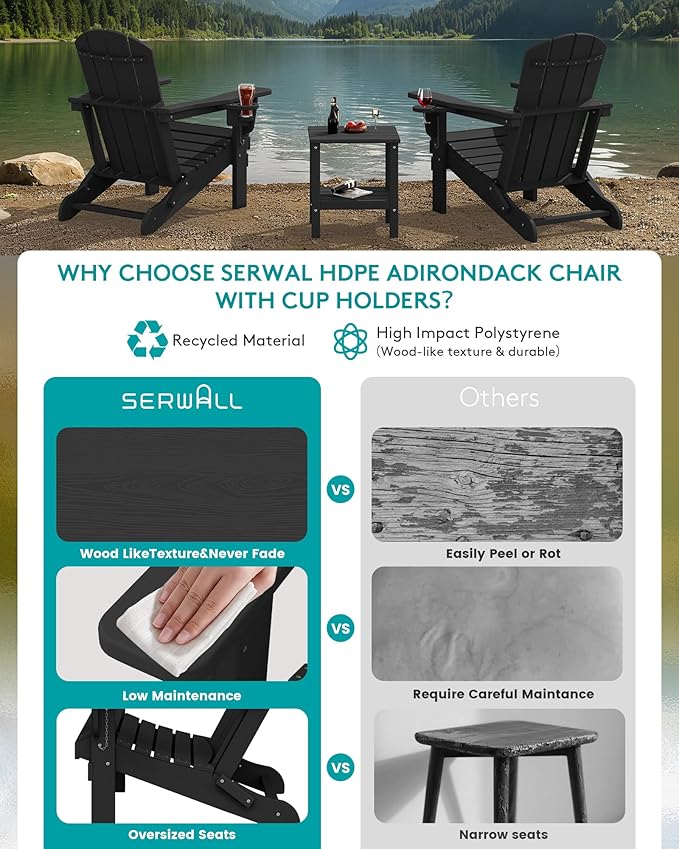 SERWALL Folding Adirondack Chair, Dual Cup Holders & All-Weather HDPE, Wood-Like Patio Chair for Backyard, Camping，Pool & Fire Pit- Black