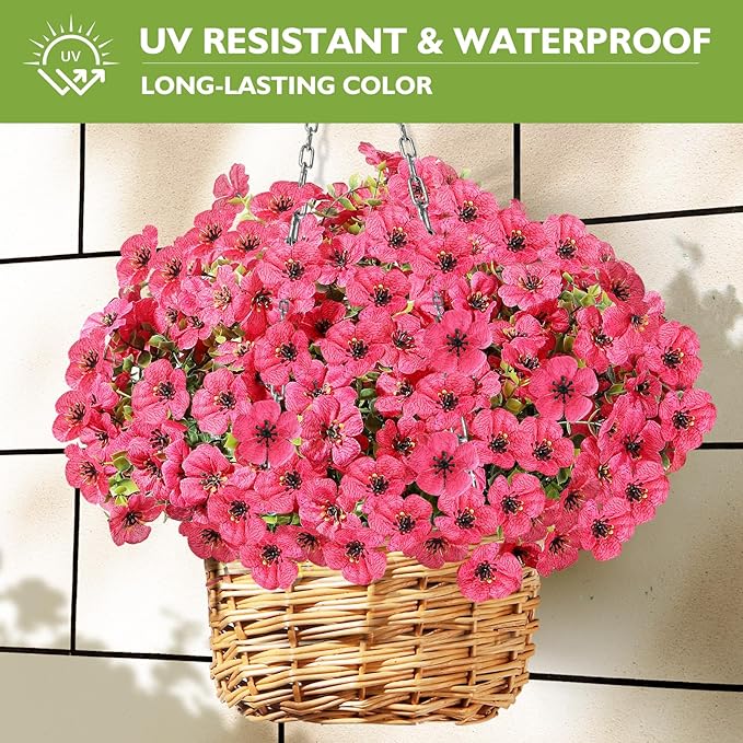 14 Bundles Artificial Flowers UV Resistant for Patio Outdoors Fake Faux Silk Plants Realistic Plastic Flowers Indoors Porch Window Home Decoration (14, Fuchsia)