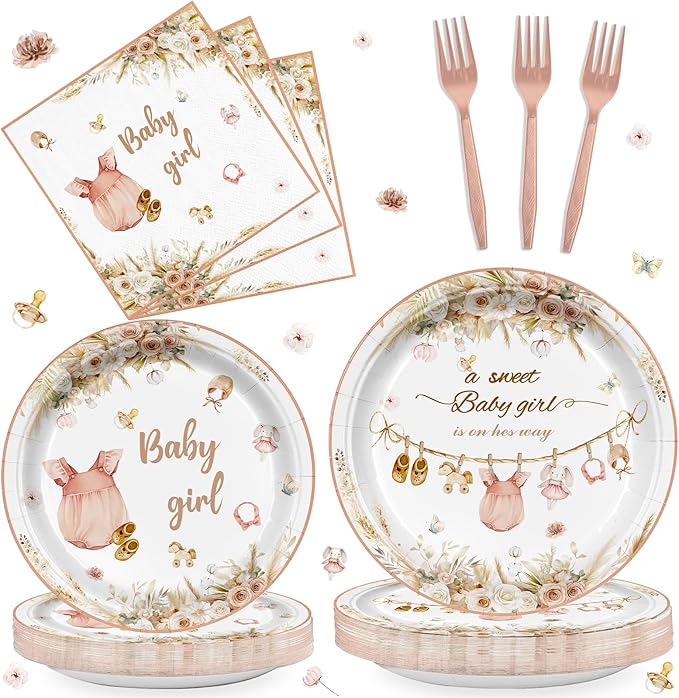 96Pcs Pink Baby Girl Shower Party Decorations A Sweet Girl is on Her Way Party Supllies Boho Bloom Babyshower Gender Reveal Paper Plates and Napkins Floral Tableware Serves 24 Guests