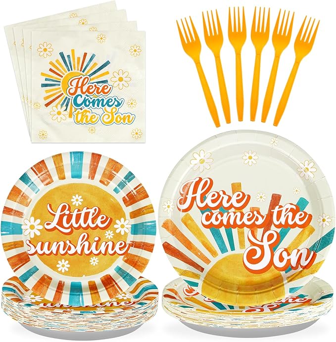 96Pcs Here Comes The Son Baby Shower Decorations Boho Retro Sun and Sunshine Plates and Napkins Sets First Trip Around The Sun Decorations Favor for Boys Sunshine 1st Birthday Party Supplies Serve 24