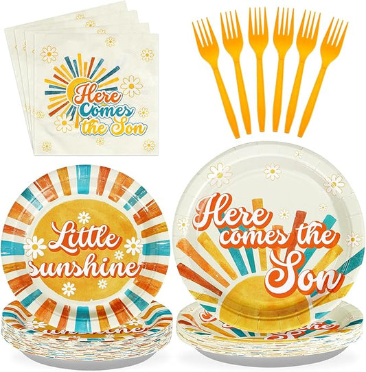 96Pcs Here Comes The Son Baby Shower Decorations Boho Retro Sun and Sunshine Plates and Napkins Sets First Trip Around The Sun Decorations Favor for Boys Sunshine 1st Birthday Party Supplies Serve 24