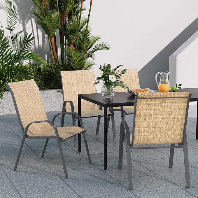 Patio Dining Chairs Set of 4, Stackable Dining Chairs High Back, Breathable Seat Fabric and Alloy Steel Frame Fit Backyard, Porch, Lawn，Poolside (Beige)