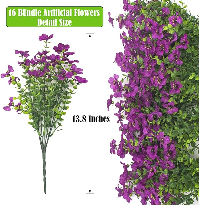 Artificial Fake Flowers for Outdoor Spring Decoration, 16 Bundles Faux Silk Colorful UV Resistant Realistic for Outside Porch Patio Home Yard Garden Planters Pots Window Box (Light Purple)