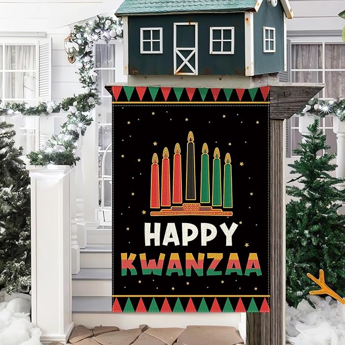 DLZDN Happy Kwanzaa Garden Flag 12×18 Inch Double Sided Vertical Kinara Candles Celebrates African Americans Heritage Farmhouse Yard Flag Outdoor Decor