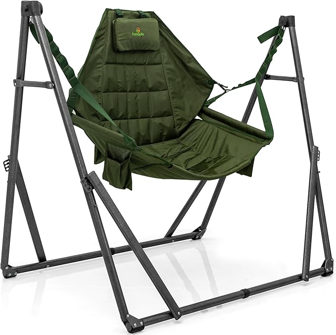 Tranquillo 2 in 1 Hammock and Swinging Chair with Collapsible Steel Stand & Carrying Case, Portable & Adjustable, 30s Set Up for Outdoor, Indoor, Porch Swing, Patio, Garden, Camping Trip, Green