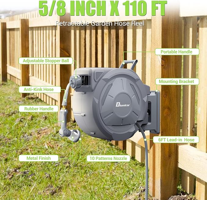 5/8" × 110 ft Retractable Hose Reel, Heavy Duty Retractable Garden Hose Reel Wall Mounted with 10-Pattern Hose Nozzle/Any Length Lock/Slow Return System/180°Swivel Bracket