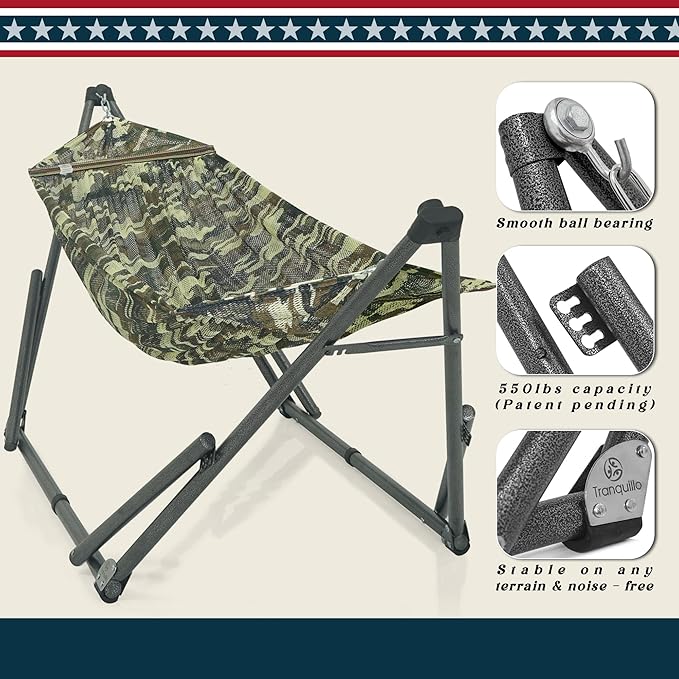 Tranquillo Uniki 550 lbs Capacity Hammock 3-Year Warranty 30s Folding Camping Hammock with Stand, Portable Hammock for Indoor Outdoor, Instant Setup No Screws Needed, Camo