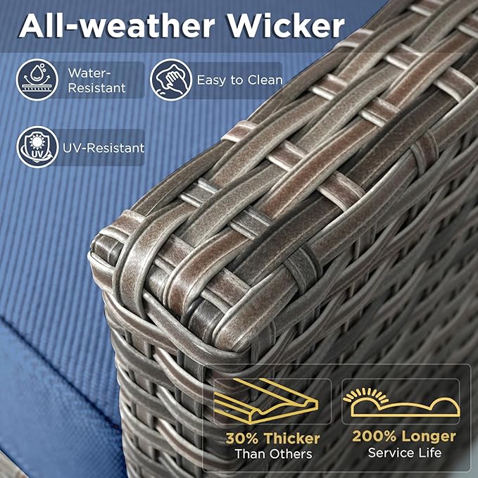 Outdoor Swivel Rocker Patio Chairs-3 Pieces Wicker Swivel Patio Chairs Set of 2 with Matching Side Table, Thick Cushions High Back Outdoor Furniture Set for Deck Porch Balcony(Grey/Blue)