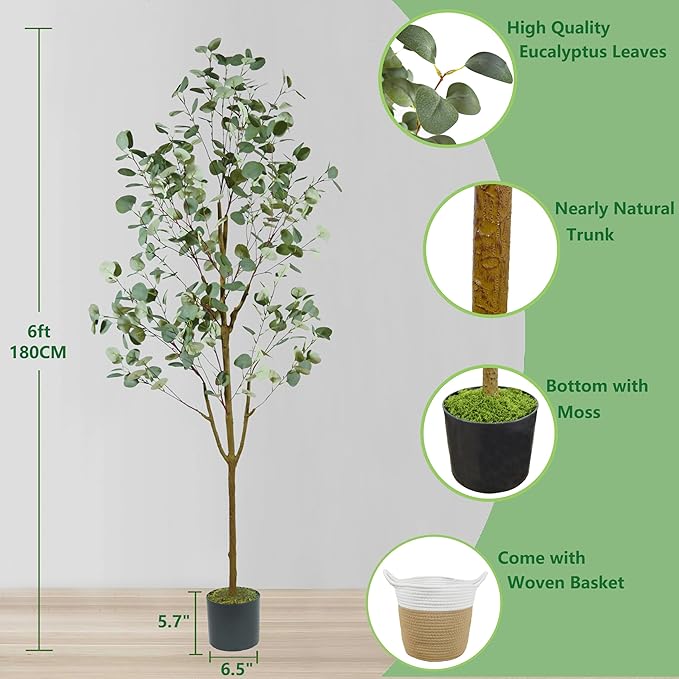 Artificial Eucalyptus Tree, 6ft Tall Fake Eucalyptus Plant with Basket for Indoor Outdoor, 72'' Silk Leaves Faux Tree for Home Office Livingroom Floor Décor
