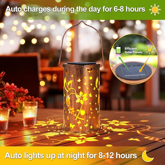 Solar Lanterns Outdoor Waterproof Hummingbirds Birthday Gifts for Women Mom Grandma Garden Decor Metal Hanging LED Decorative Light for Patio Yard Lawn Backyard Front Porch Gardening Gifts