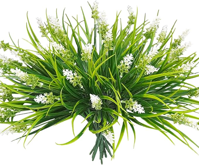 12 Bundles Artificial Plants Outdoor, 18.2" UV Resistant Faux Monkey Grass Greenery Stems No Fade Faux Plastic Flowers Shrubs for Home Weddings Garden Porch Front Patio Office Decor- White