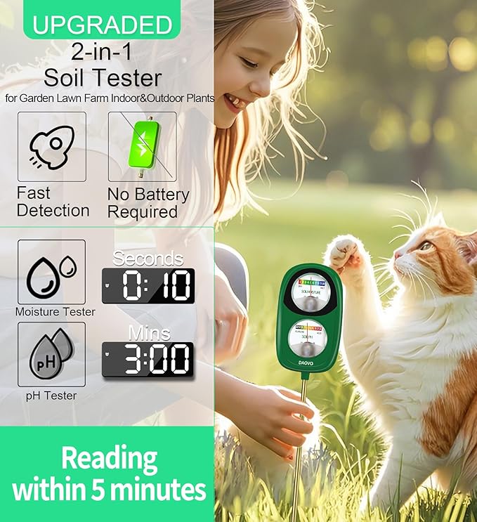 2-in-1 Soil Moisture Meter, Soil PH Meter, Large Dual-Screen Soil PH Tester & Moisture Meter for Plants Indoor&Outdoor Garden,Lawn,Farm Soil Test Kit-No Battery Needed-Leaf Green