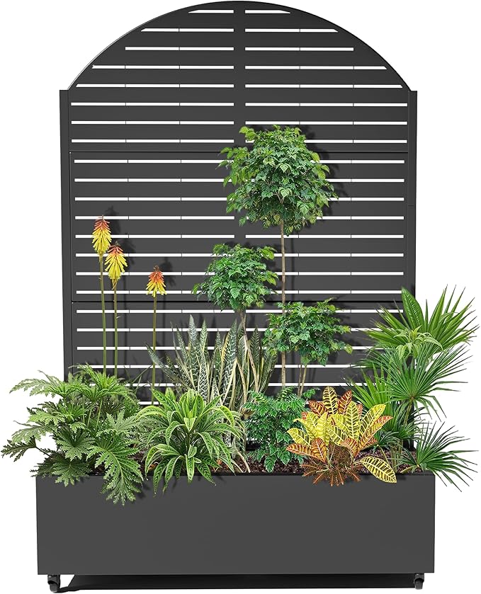 15.7"×70.9"×47.2" Metal Raised Garden Bed with Trellis and Wheels - Tall Trellis Planter Box for Climbing Plants, Vegetables & Vines - Outdoor Privacy Planters for Patio (Black-Louvered)
