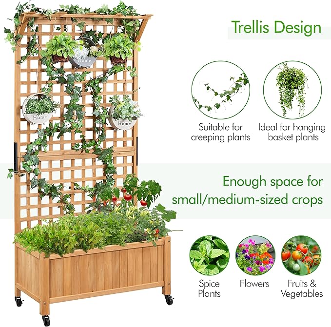 Yaheetech 72" H Horticulture Garden Planter with Trellis for Vine Climbing Plants Garden Box Outdoor w/Drainage Holes Raised Garden Bed Garden Planter Box for Flowers, Herbs Light Brown