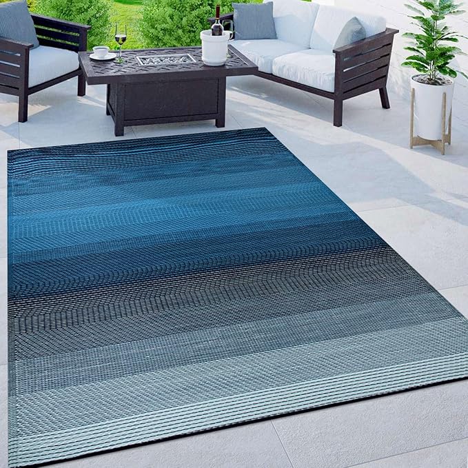 Rugshop Stripe Shade Reversible Crease-Free Waterproof Premium Recycled Plastic Outdoor Rugs for Patio,Backyard,RV,Deck,Picnic,Trailer,Beach,Camping,Sunroom Sky/Blue 5' x 7'