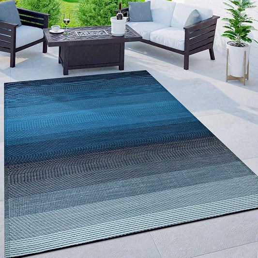 Rugshop Stripe Shade Reversible Crease-Free Waterproof Premium Recycled Plastic Outdoor Rugs for Patio,Backyard,RV,Deck,Picnic,Trailer,Beach,Camping,Sunroom Sky/Blue 7'10" x 10'