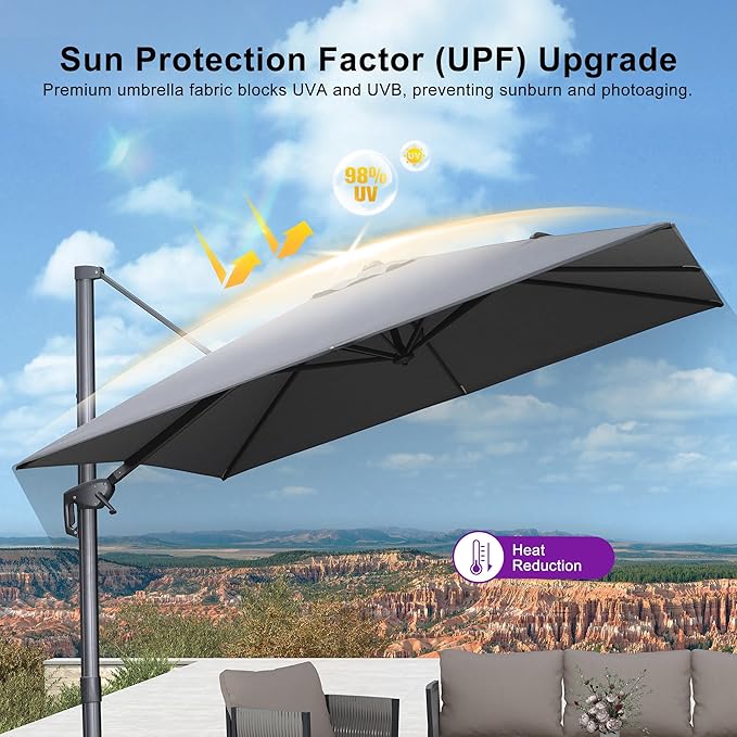 PURPLE LEAF 9' X 11.5' Rectangle Patio Umbrella with Base Outdoor Large Aluminum Cantilever Umbrella with 3 Years Fade Resistance Recycled Fabric and 360-degree Rotation for Garden Deck Pool, Mist Grey