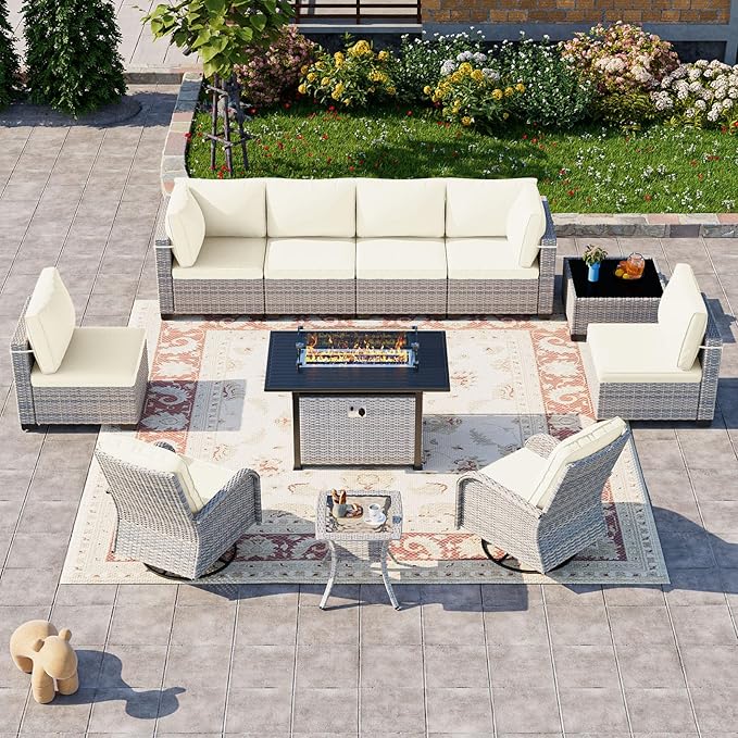 11-Piece Patio Furniture Set, Outdoor Patio Furniture with 55,000 BTU Fire Pit Table, Swivel Chairs Set, Thick Cushions, Modular Patio Sofa, Dual-Strand Wicker Rattan, Rust-Resistant Frame, Ivory