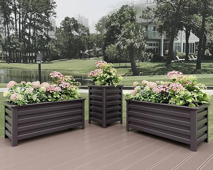 Aluminum Outdoor Planter - 19.68" Tall Planter Box for Patio Porch Indoor or Outdoor Durable Weather-Resistant Large Planters for Flowers with Drainage Hole, Dark Brown, 19.68"D x 19.68"W x 27.56"H