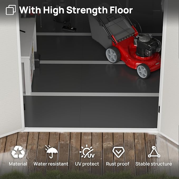 Resin Outdoor Storage Shed with Floor, 8x10.5 FT Plastic Garden Shed with Lockable Door & Window for Bike, Garbage Can, Lawn Mower, Bedge