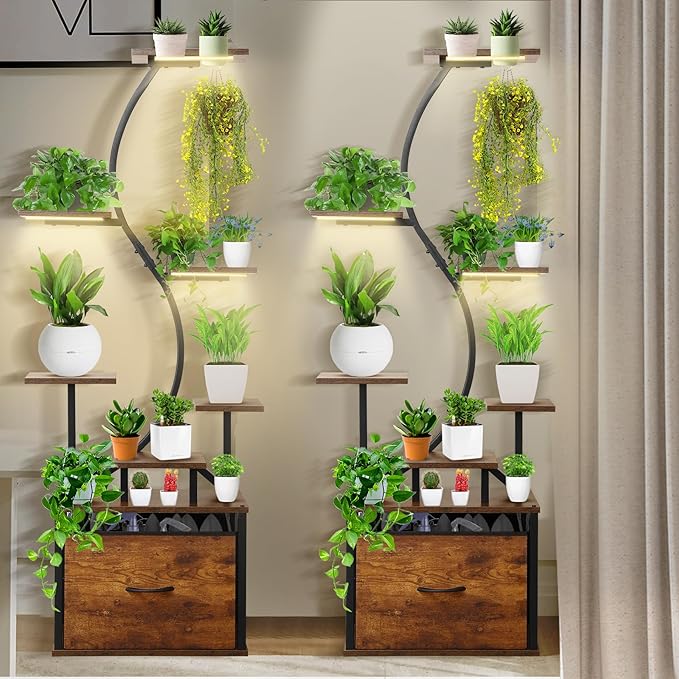 2 Pack Plant Stand Indoor With Grow Lights, 8 Tiered Plant Shelf With Light, 62" Tall Metal Plant Rack, Grow Light Shelf Flower Holder, Stability Upgrade, Heavy-Duty Pipe, Large Fabric Drawer