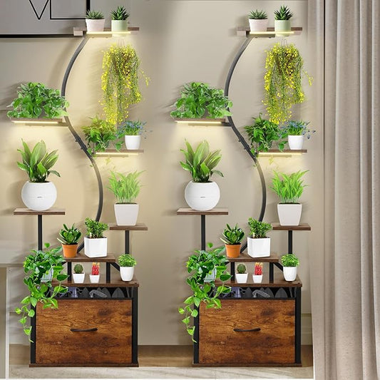 2 Pack Plant Stand Indoor With Grow Lights, 8 Tiered Plant Shelf With Light, 62" Tall Metal Plant Rack, Grow Light Shelf Flower Holder, Stability Upgrade, Heavy-Duty Pipe, Large Fabric Drawer