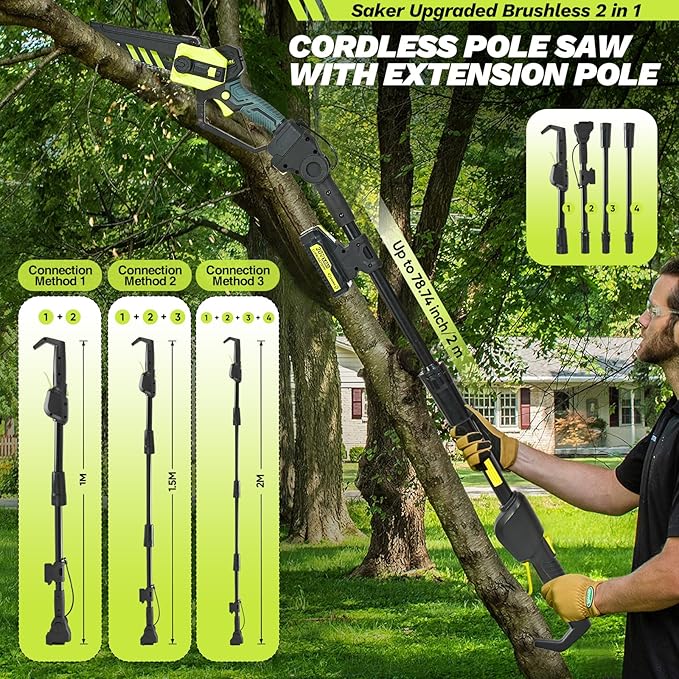 Saker Cordless Pole Saw and Mini Chainsaw,2-IN-1 Pole Chainsaw,Brushless Electric Pole Saw Battery Powered 6 Inch Chainsaw, 78.74 Inch Max Reach Tree Trimmer Pole Saw