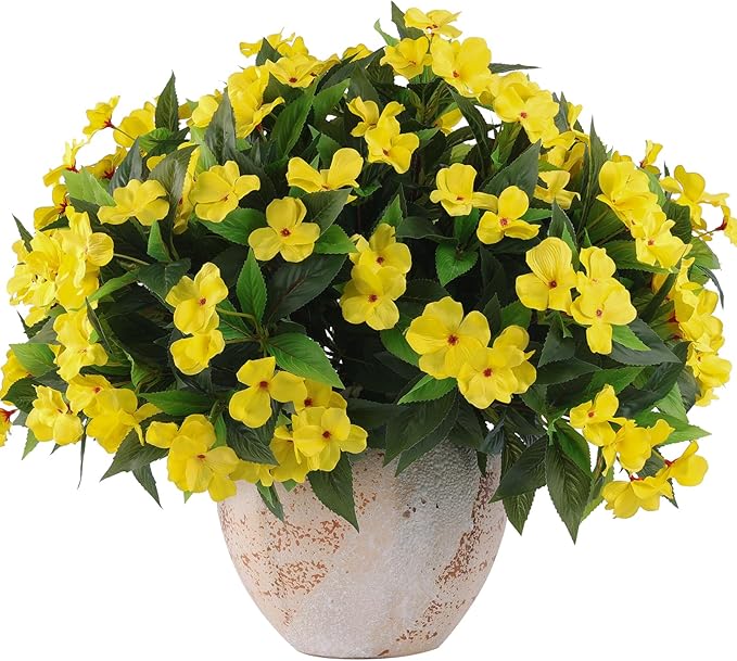 Artificial Flowers for Outdoors Silk Impatiens Flowers Faux Flowers Impatien Bushes Artificial Impatiens for Pot Patio Lawn Garden Hanging Basket Porch Decor (8, Yellow)