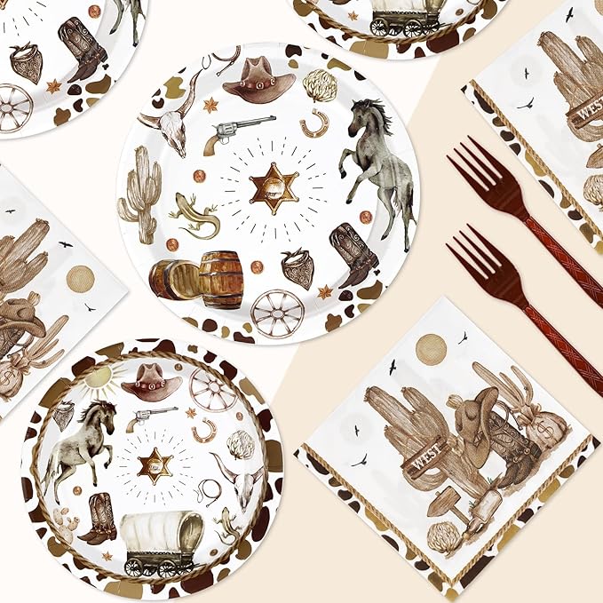 96Pcs Western Cowboy Party Supplies 350 GSM Wild West Cowboy Plates and Napkins Tableware Sets Western Cowboy Party Decorations for Western Rodeo Cowboy Birthday Baby Shower Party Favors, Serves 24 ﻿