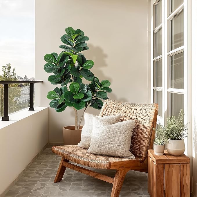 5FT Fiddle Leaf Fig Tree Artificial with 77 Leaves - Realistic Faux Ficus Lyrata Trees in 7.8" White Planter Pot, Indoor Fake Floor Plants for Home Office Living Room Decor, Housewarming Gift