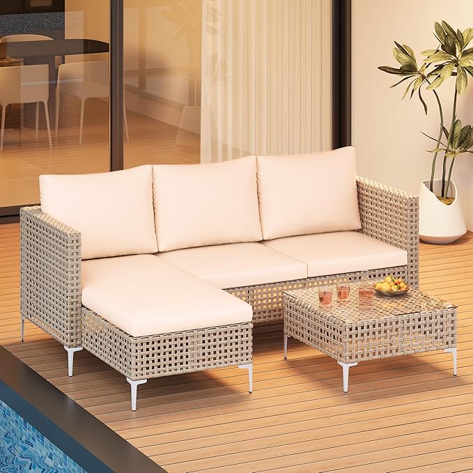 Wicker Small Patio Furinture Set, Rattan Sectional Sofa, Outdoor Couch Set with Comfy All-Weather Cushions and Coffee Table, Perfect for Porch, Backyard, Apartment, Balcony (Yellow/Beige)