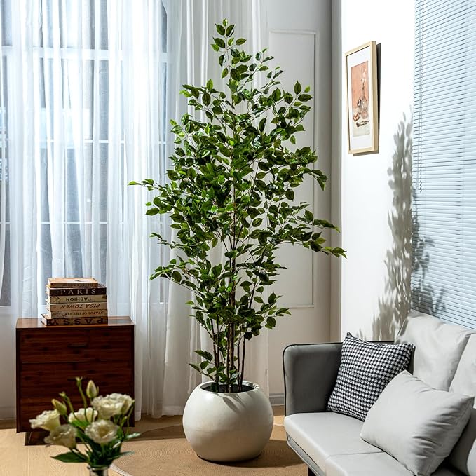 Artificial Ficus Tree Indoor 7ft, Large Potted Faux Tree with Realistic Silk Leaves & Trunk for Home Office, Living Room Corner Decor