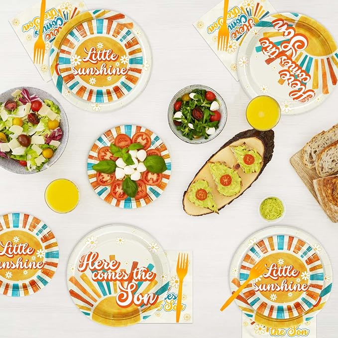 96Pcs Here Comes The Son Baby Shower Decorations Boho Retro Sun and Sunshine Plates and Napkins Sets First Trip Around The Sun Decorations Favor for Boys Sunshine 1st Birthday Party Supplies Serve 24