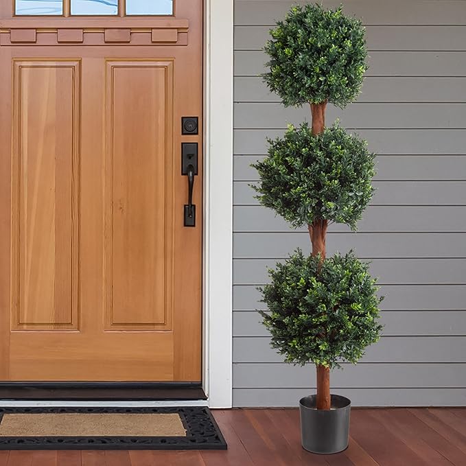 Pure Garden Set of 2 Artificial Trees - 5FT Hedyotis Topiary Fake Plants in Weighted Pots - Faux Plants for Indoor Display or Front Porch Decor