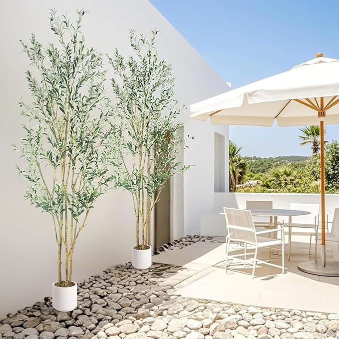 Artificial Fake Olive Tree 8FT Tall 2Pack with White Planter Faux Silk Olive Tree for Home Living Room Office Decor Faux Artificial Plants Indoor with Fruit & Free Moss