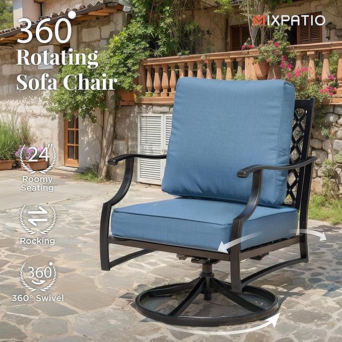 Patio Furniture Set 6 pcs, Outdoor Patio Furniture, 1 X 3-Seat Sofa, 2 X Single Chairs, 2 X Swivel Chairs, 1 X Coffee Table and 5.75" Extra Thick Cushion, Patio Conversation Set,Navy Blue