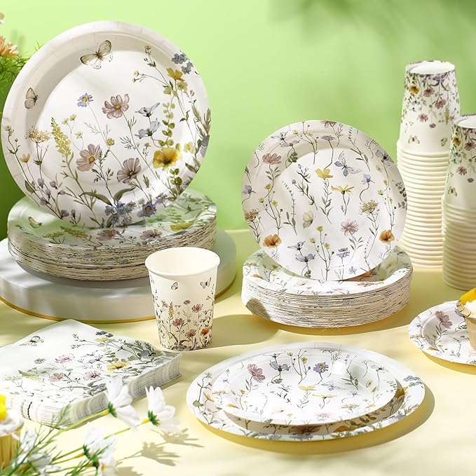 250 Pcs Wildflower Party Decorations Include Spring Summer Floral Paper Plates Napkins and Cups for Wildflower Baby Shower Tea Decorations, Serve 50 Guest(Light Color,Elegant Style)
