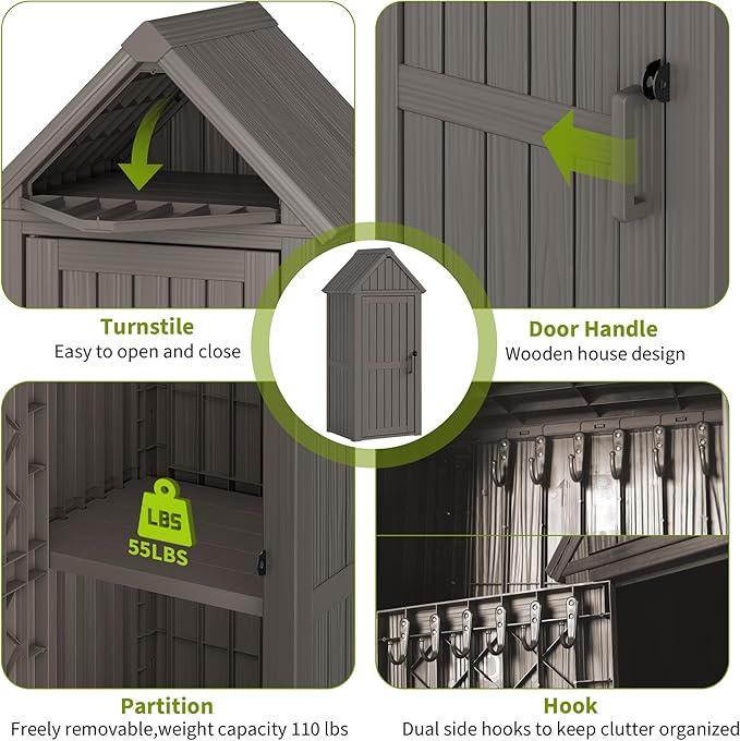Outdoor Storage Shed – Durable Resin with Sloping Roof and Lockable Door, Waterproof Storage Cabinet with Ample Space, Multiple Hooks for Backyard, Garden, Patio & Lawn Grey