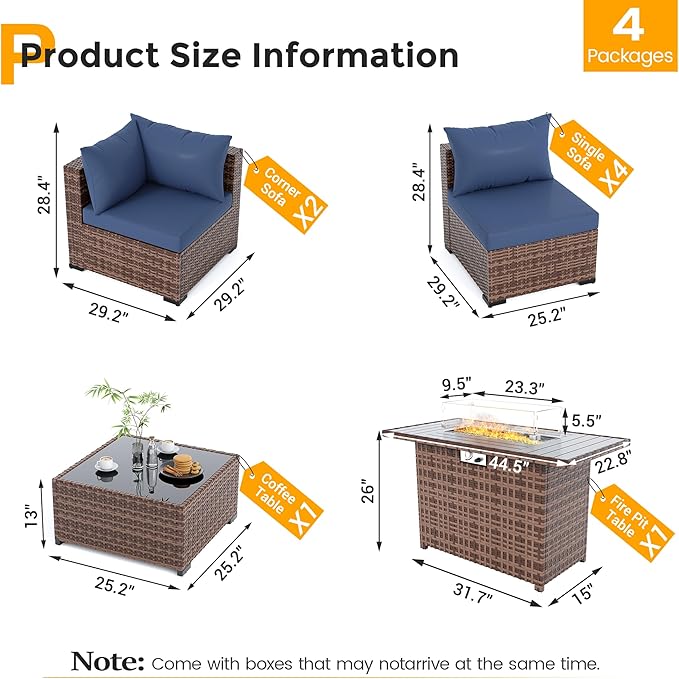 UDPATIO Outdoor Patio Furniture Set with Fire Pit Table, 8 Piece Outdoor Sectional Sofas, All-Weather Wicker Patio Conversation Set for Garden, Backyard Navy Blue