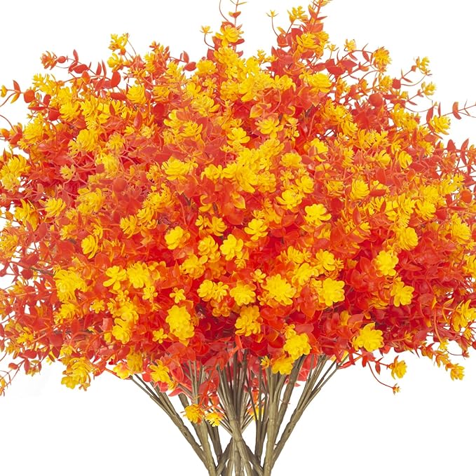 12 Bundles Artificial Fall Flowers for Outdoors, Artificial Plants UV Resistant Fall Fake Mums Plants for Outside Halloween Christmas Porch Decoration ecorations (Fall Orange)