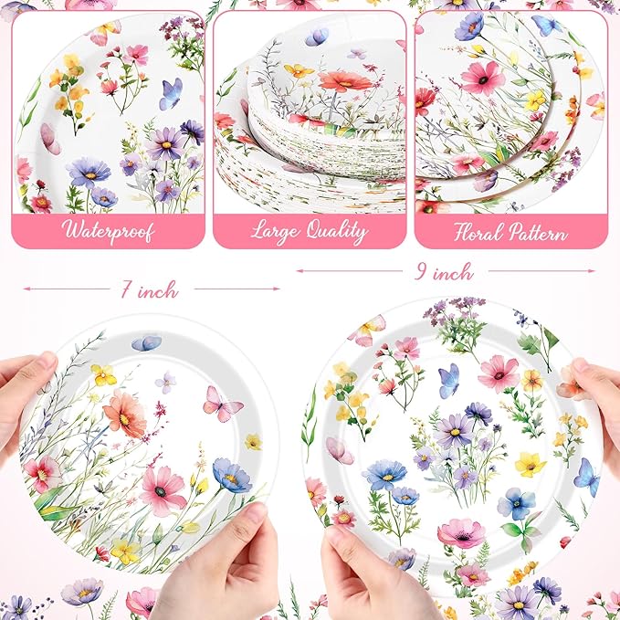 Mumufy 100 Pack Wild Floral Paper Plates Flower Dinner Decoration 9" & 7" Disposable Watercolor Dessert Plates for Wedding Birthday Baby Shower Bridal Tea Party Supplies(Colorful Flowers)