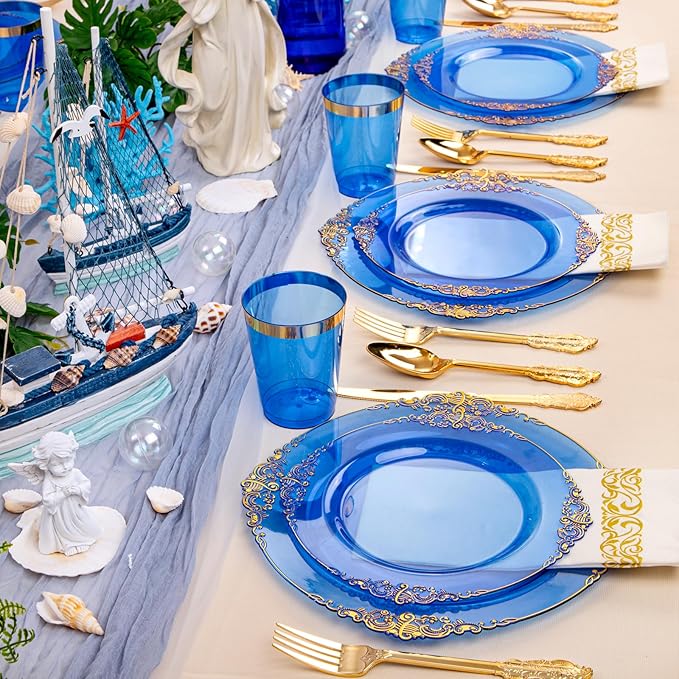 Hioasis 210pcs Blue and Gold Plastic Plates - Elegant Disposable Dinnerware Set Suitable for 30 Guests Include 10.25" Dinner & 7.5" Dessert Plates, Pre Rolled Silverware Set, Cups for Party & Wedding