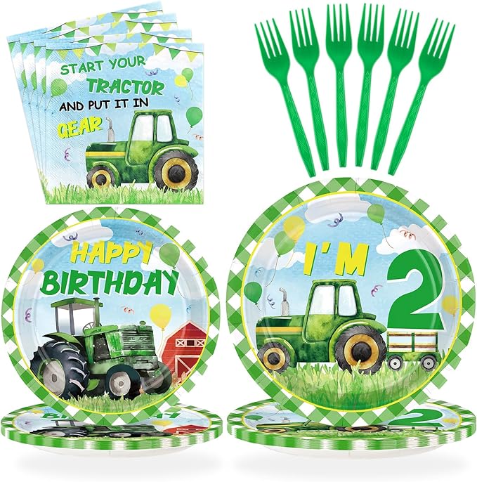 Grencian 96Pcs Tractor Birthday Decorations for Boys Farm Tractor 2nd Birthday Plates and Napkins Tableware Sets Tractor Lawn Party Decorations for Baby Shower Two Years Old Party Supplies Serves 24